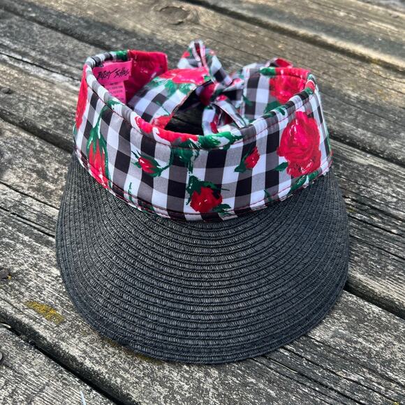 Betsey Johnson Gingham Floral Visor Black Brim Adjustable Tie One Size EUC - Picture 2 of 8